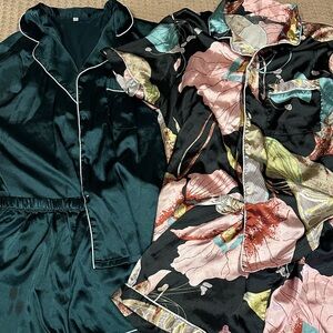 Floral Satin and Green Pajama Set